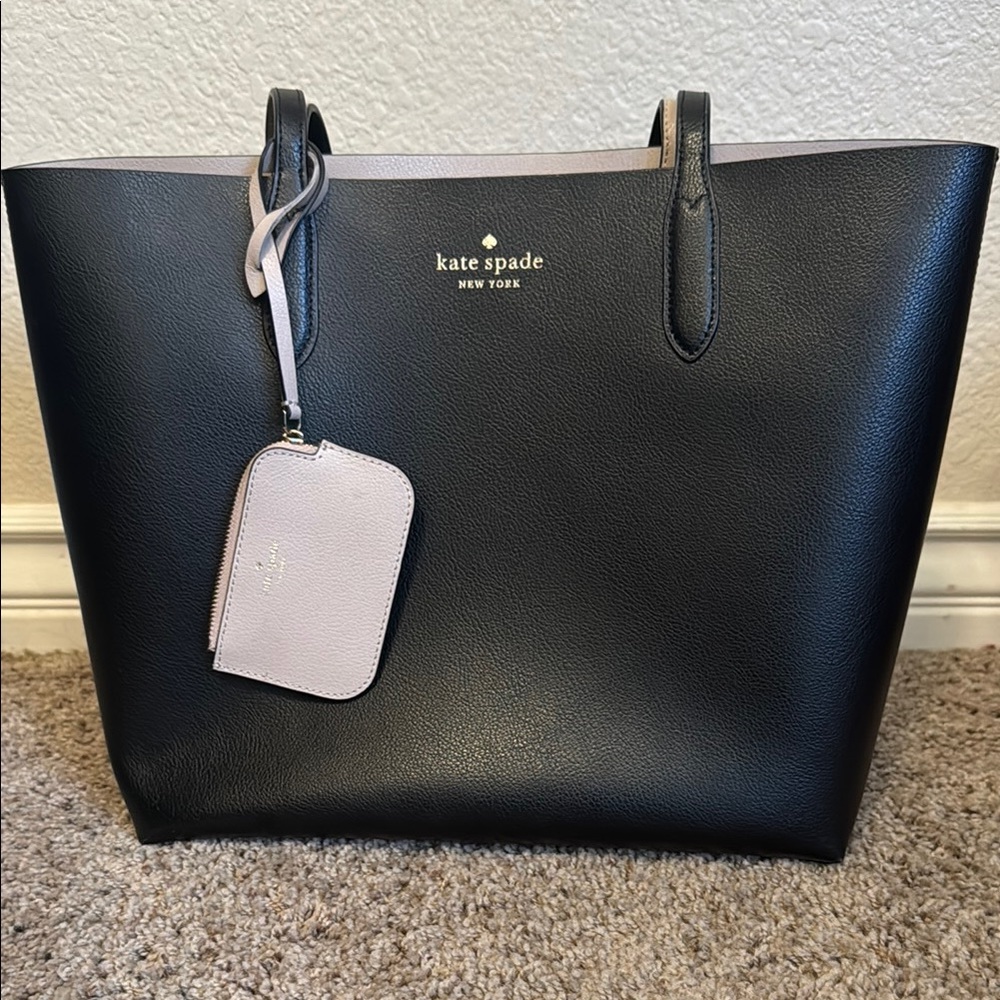 kate spade reversible Black/Taupe Leather Tote with  ID Pouch